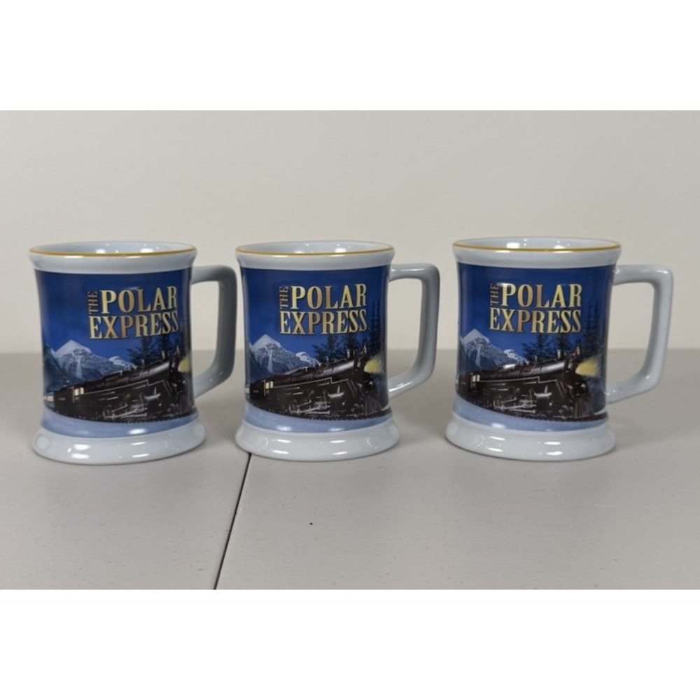 Polar Express Coffee Mugs "Believe" Blue Set of 3- 3D Raised Train Hot Cocoa